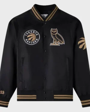 Toronto Satin NBA Raptors Varsity Jacket in red, black, and gold with embroidered logos.