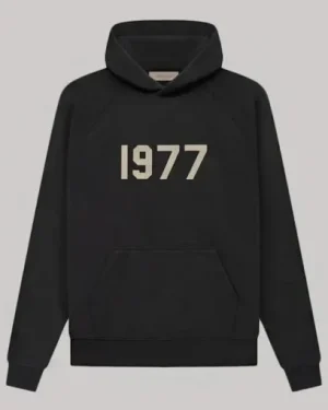 1977 Black Hoodie with minimalist design and adjustable hood.