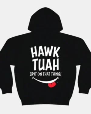 2025 Hawk Tuah Black Hoodie with iconic design and adjustable hood.