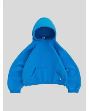 Akimbo Hoodie in blue with adjustable hood and kangaroo pocket.