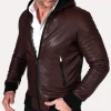 Men's bright red puffer leather jacket with hood and quilted detailing