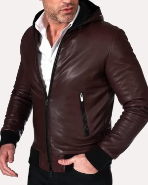 Men's bright red puffer leather jacket with hood and quilted detailing