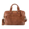Business Casual Brown Leather Briefcase with multiple compartments and sleek design.