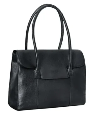Classical Design Black Leather Handbag with spacious interior and sturdy handles.