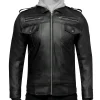 Men's black leather bomber jacket with detachable hood and zippered pockets