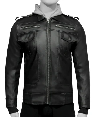 Men's black leather bomber jacket with detachable hood and zippered pockets