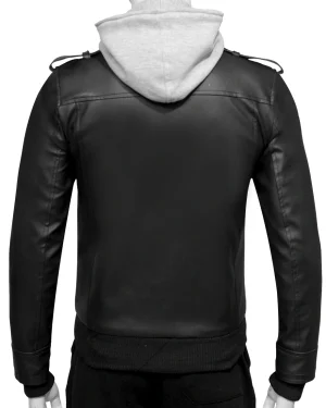 Men's Black Bomber Leather Jacket Hooded back