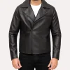 Men’s Black Faux Motorcycle Biker Jacket with asymmetrical zipper and snap collar