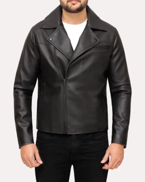 Men’s Black Faux Motorcycle Biker Jacket with asymmetrical zipper and snap collar