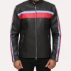 Men’s Black Striped Cafe Racer Leather Jacket with racing stripes and snap-down collar