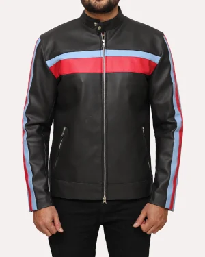 Men’s Black Striped Cafe Racer Leather Jacket with racing stripes and snap-down collar