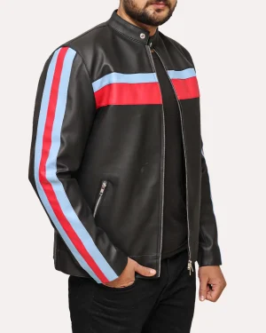 Men’s Black Striped Cafe Racer Leather Jacket front