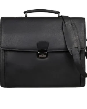 Men’s Genuine Black Leather Business Briefcase with multiple compartments and sleek design.
