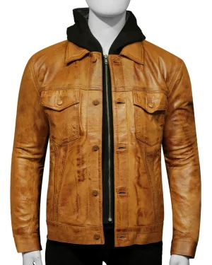 Men's Hooded Brown Leather Jacket