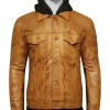 Men's brown leather jacket with detachable hood and zippered pockets