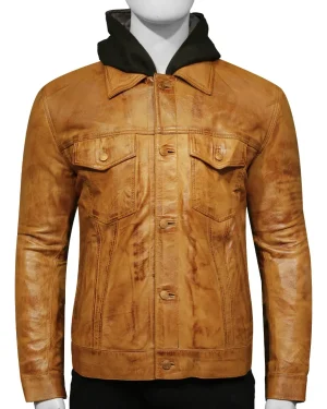 Men's brown leather jacket with detachable hood and zippered pockets