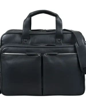 Men’s Premium Black Leather Business Bag with multiple compartments and sleek design.