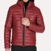 Men's bright red puffer leather jacket with hood and quilted detailing