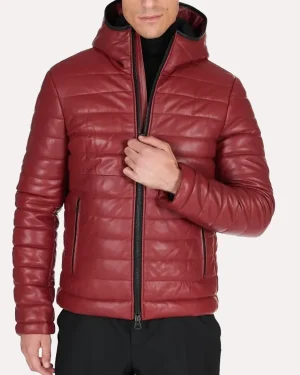 Men's bright red puffer leather jacket with hood and quilted detailing