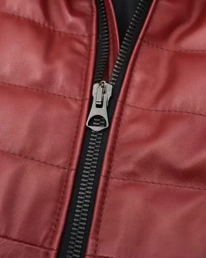 Men's Red Puffer Hooded Leather Jacket closure