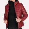 Men's Red Puffer Hooded Leather Jacket style