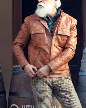 Men's Vintage Distressed Two-Pocket Brown Leather Jacket