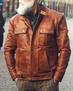 Vintage distressed brown leather jacket with two front pockets and weathered finish