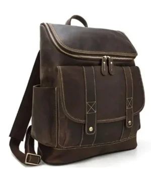Office Brown Leather Backpack Bag with multiple compartments and adjustable straps.