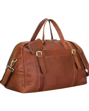 Premium Cognac Brown Leather Luggage Duffle Bag with spacious interior and sturdy handles.