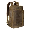 Professional Vintage Brown Leather Backpack with multiple compartments and adjustable straps.