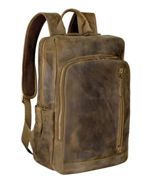 Professional Vintage Brown Leather Backpack with multiple compartments and adjustable straps.