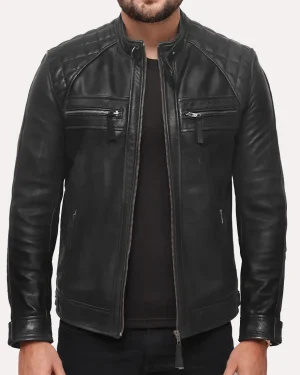 Quilted black leather jacket with diamond stitching pattern and tailored fit