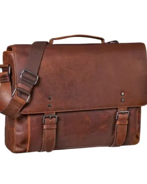 Vintage Brown Leather Briefcase-Style Business Bag with multiple compartments and sleek design.
