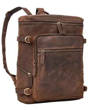Vintage Brown Leather Business Laptop Backpack with dedicated laptop compartment and multiple pockets.