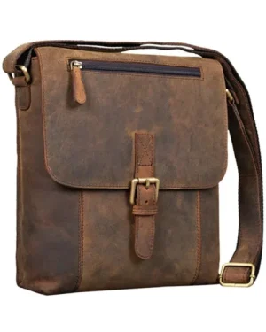 Vintage Leather Messenger Brown Bag with spacious interior and adjustable strap.