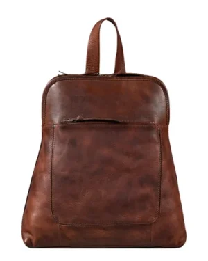 Women Vintage Genuine Leather Backpack with multiple compartments and adjustable straps.