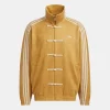Mustard yellow suede Adidas track jacket with navy panels and Trefoil logo