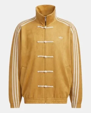 Mustard yellow suede Adidas track jacket with navy panels and Trefoil logo