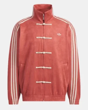 Pink suede Adidas track jacket with Trefoil logo and ribbed cuffs
