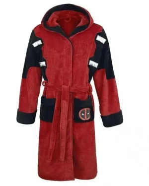 Red and black Deadpool bathrobe with character graphics and oversized hood