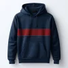 Navy and white striped popover hoodie with kangaroo pocket and ribbed cuffs