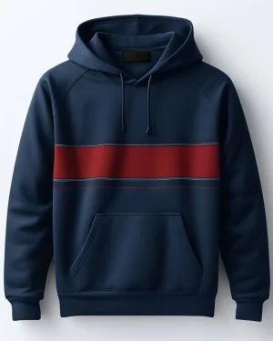 Navy and white striped popover hoodie with kangaroo pocket and ribbed cuffs