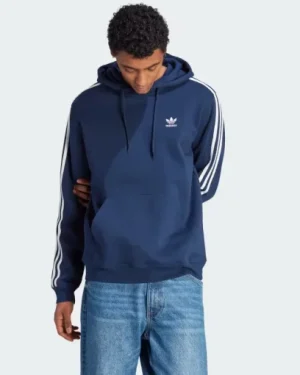 Blue Adidas 3 Stripe Hoodie with signature white stripes and adjustable hood.