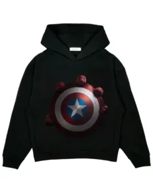 Brave New World 2025 Captain America Black Pullover Hoodie with shield emblem and cinematic design.