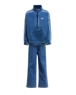 Women’s Adidas Tracksuit Denim Jacket combining denim fabric with signature Adidas stripes and sporty design.