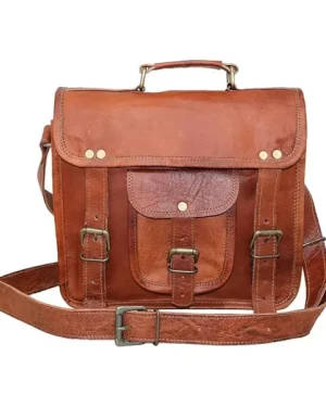 Genuine Leather Messenger Bag with classic flap-over design and adjustable strap.