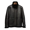 Men’s black shearling leather aviator jacket with fur collar and winter-ready design.