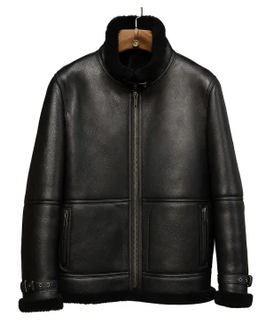 Men’s black shearling leather aviator jacket with fur collar and winter-ready design.
