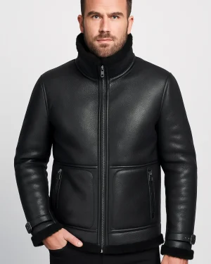 Men’s Black Shearling Leather Jacket – Winter Aviator Style