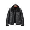 Men’s Black Shearling Leather Jacket with fur lining and classic aviator bomber design.